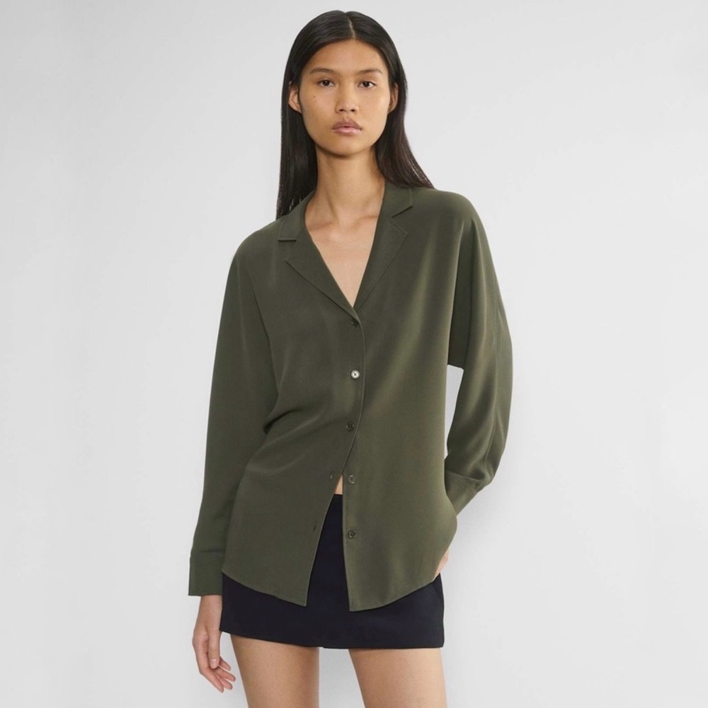 Aritzia Freeform Shirt Matte satin button-up shirt in Dark Olive Size Small